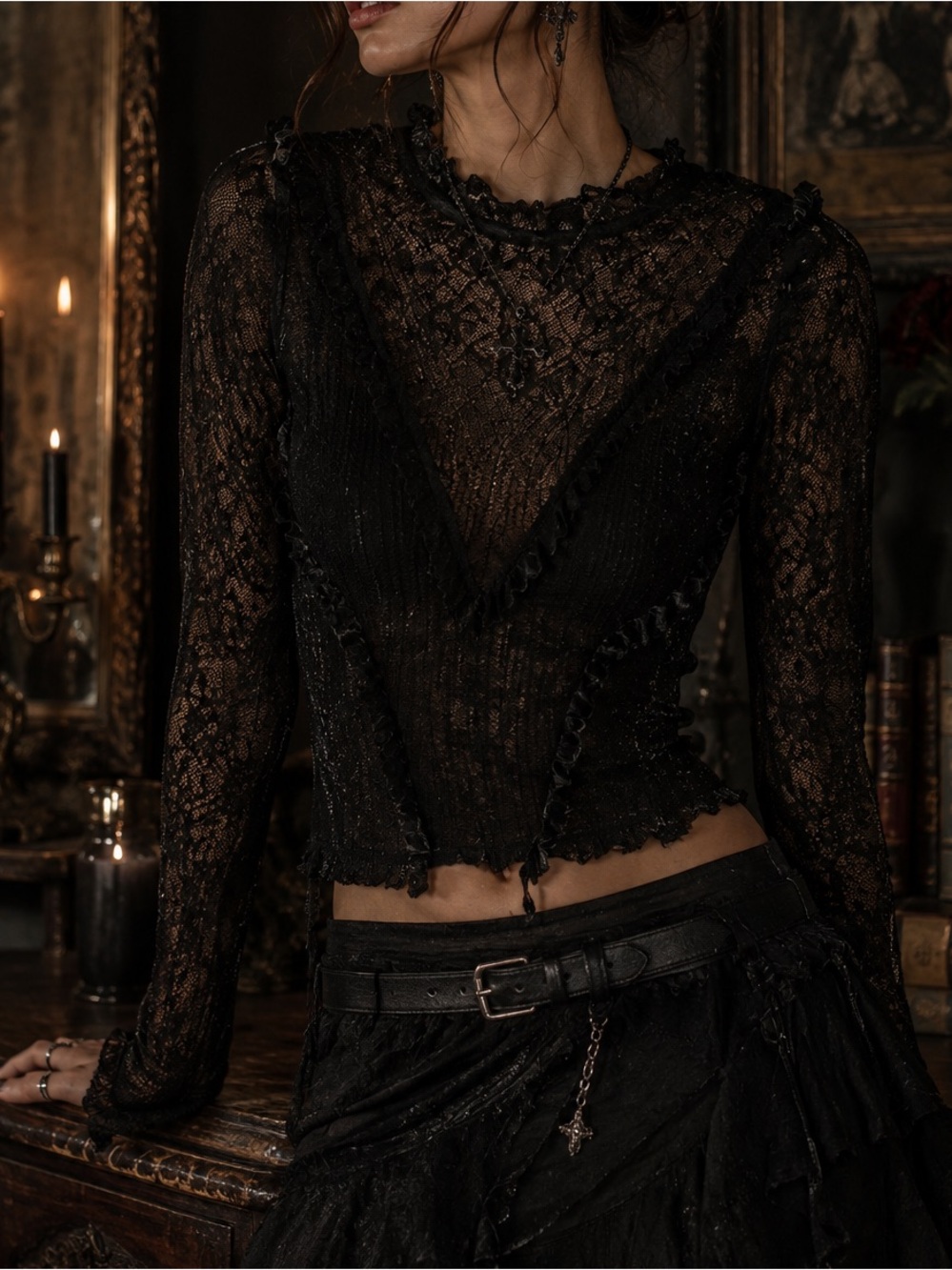 Zara Black Sheer Delicate Crochet Lace Ruffle-Trim Bell Sleeve Crop Top Witchy